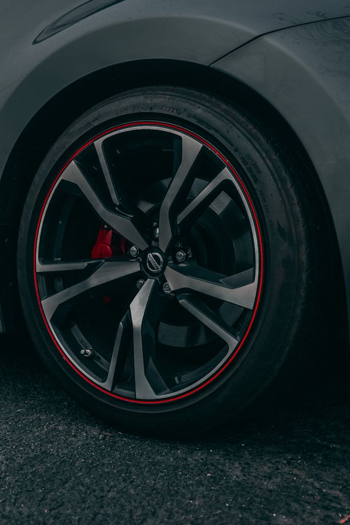 A close up of the wheels of a car